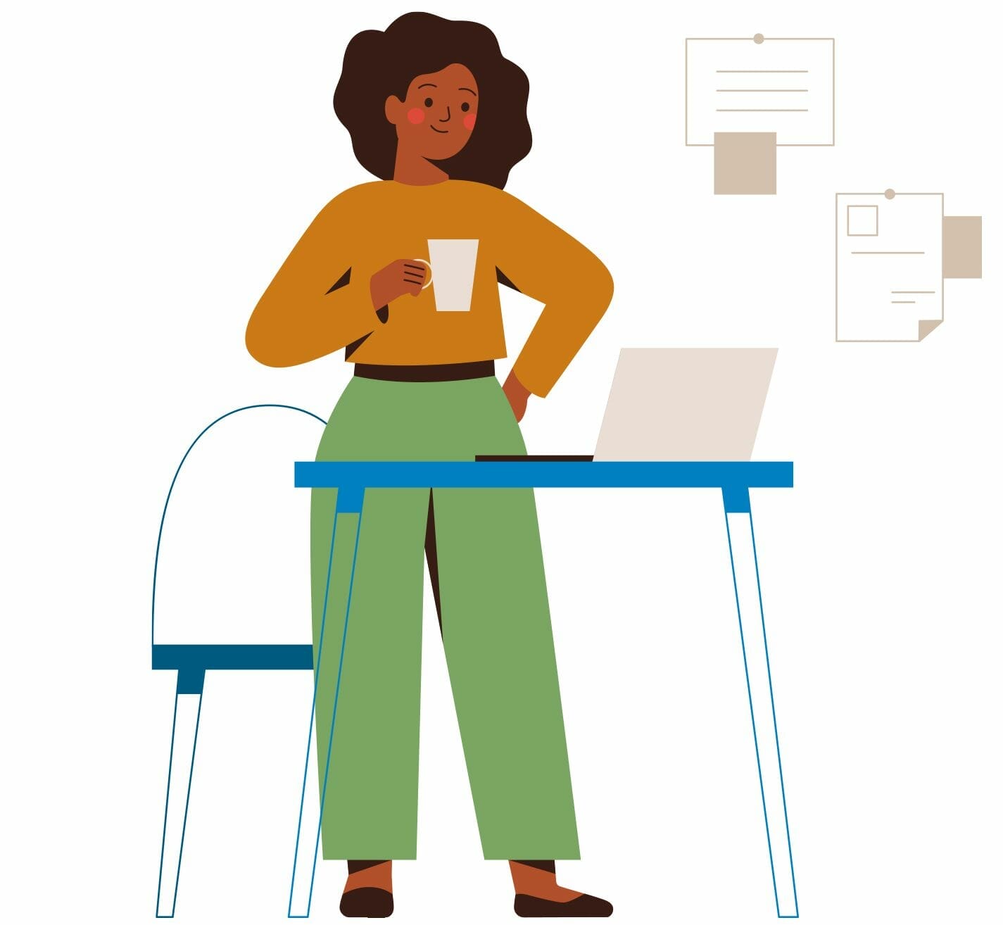 vector illustration of a woman holding a cup of coffee looking into her laptop screen